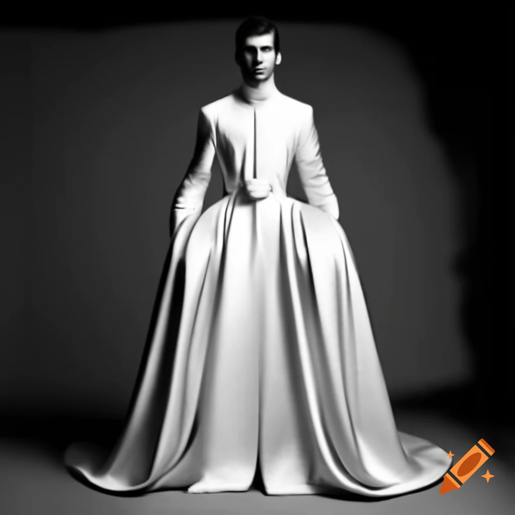 Handsome young man in elegant floor-length white satin gown with lace trim