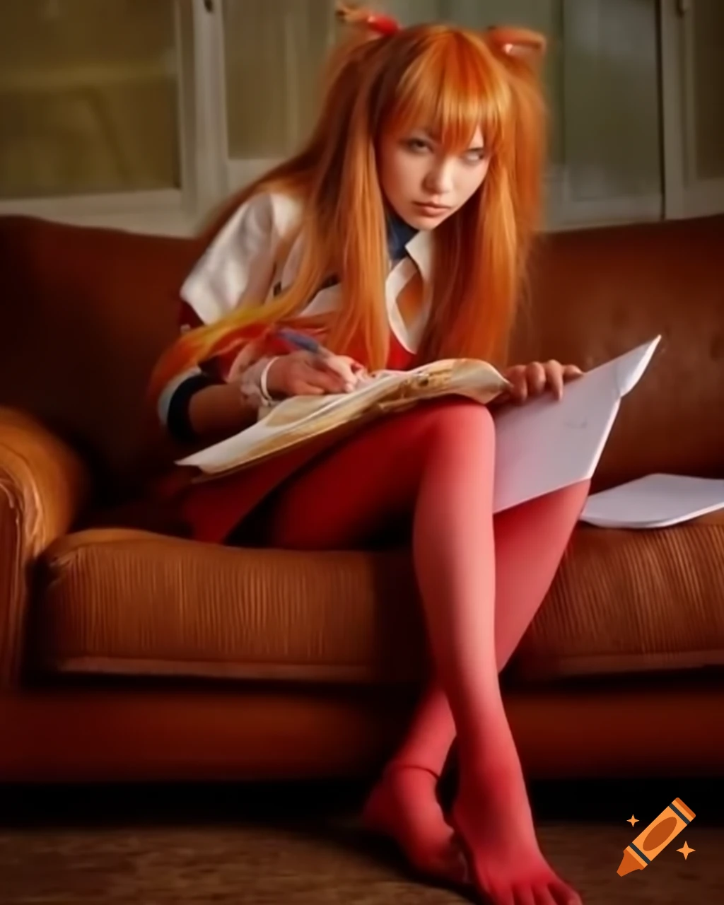 Asuka Langley as a police officer at crime scene in dusty living room