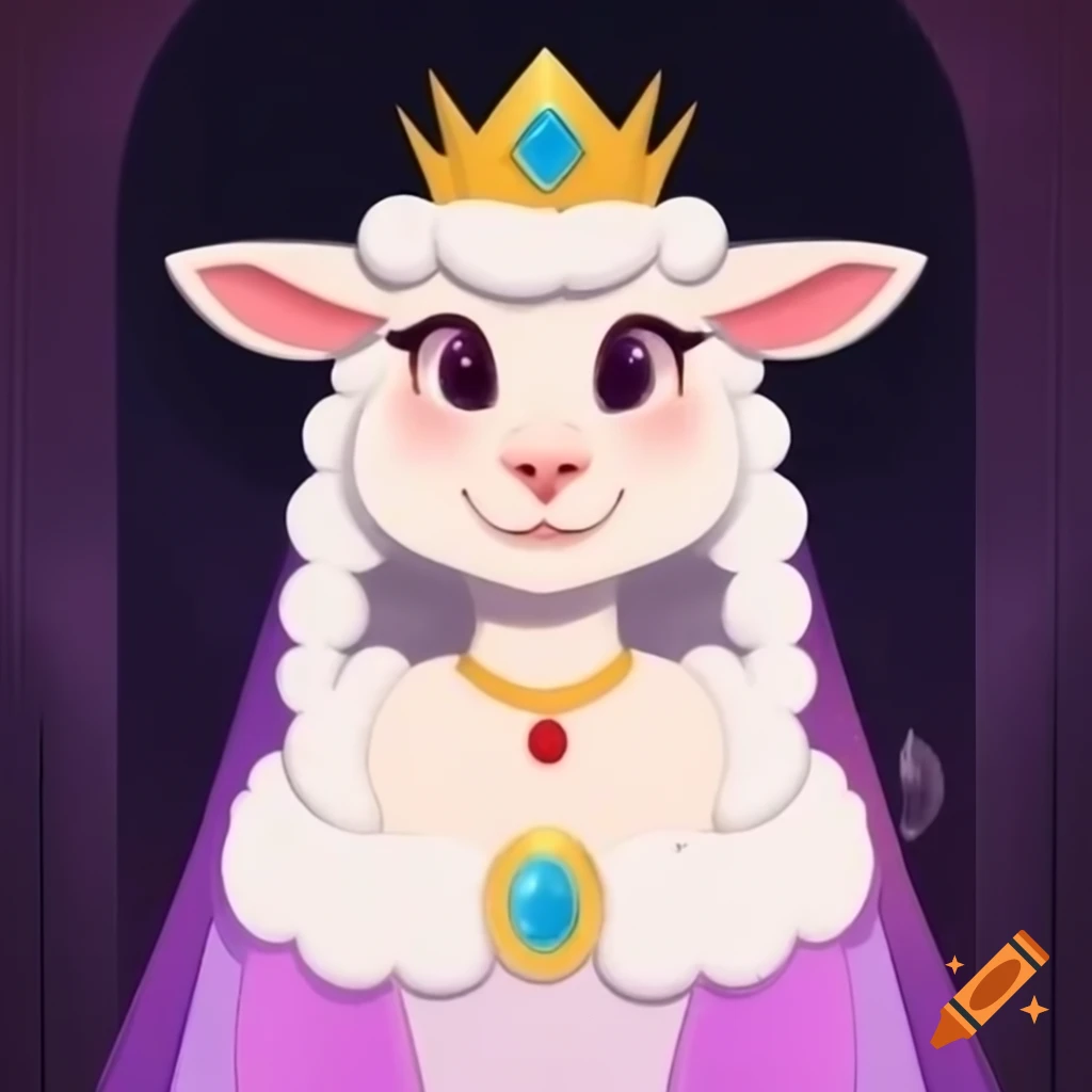Anime-style anthro sheep girl princess in fancy dress with tiara and jewelry