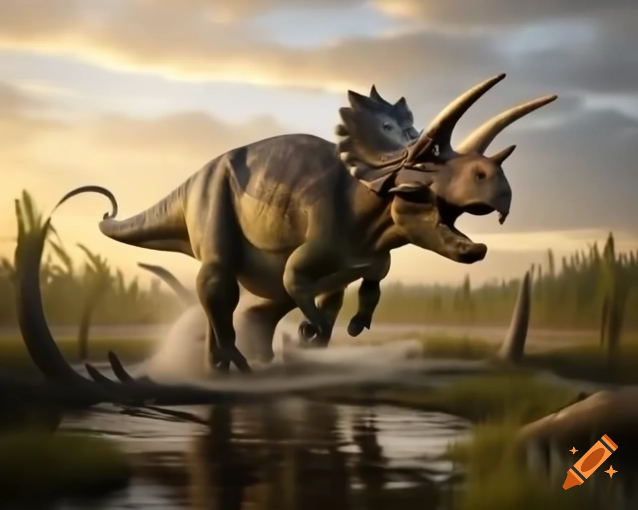 Protoceratops crossing marsh with driftwood in British Columbia during golden hour