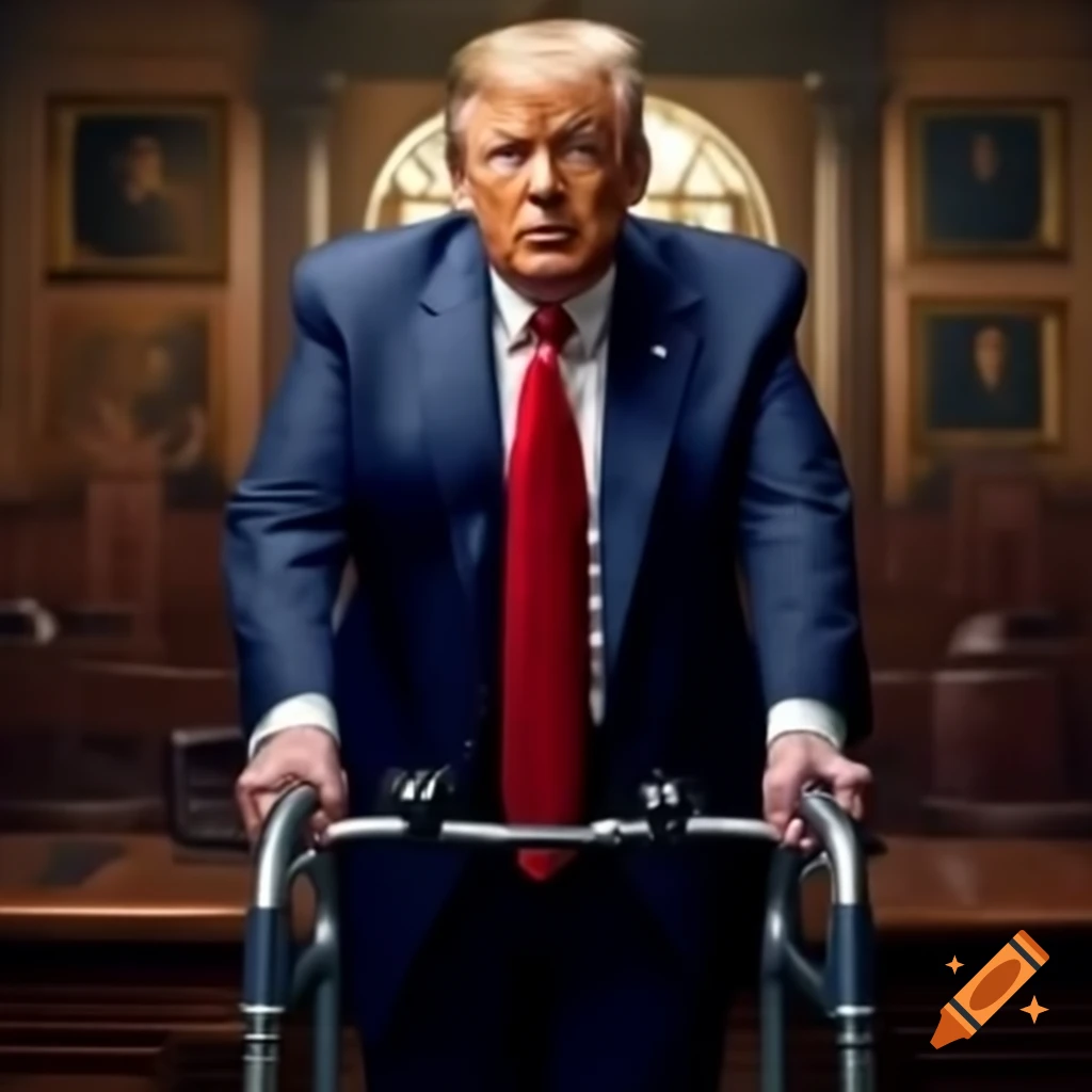 Satirical depiction of a political figure as a controversial personality in a courtroom setting