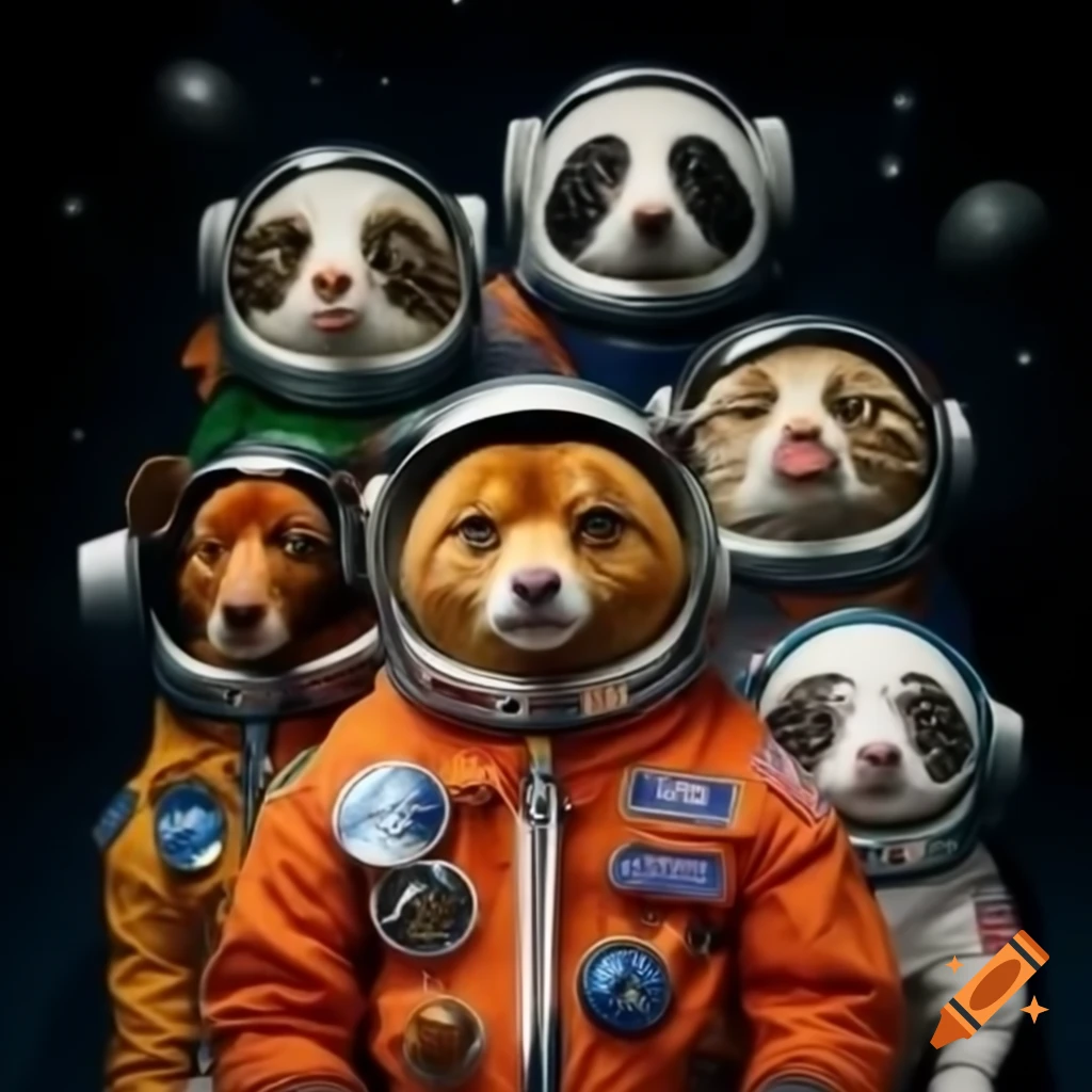Various animals wearing space suits in a cosmic setting