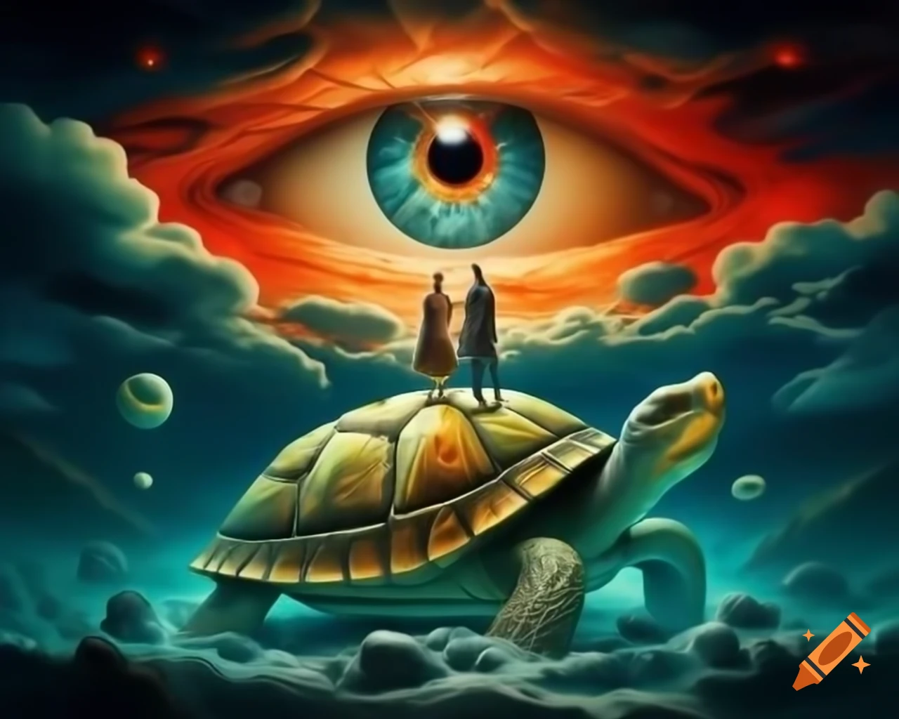 Surreal fantasy illustration of couple on giant turtle with eye-shaped clouds