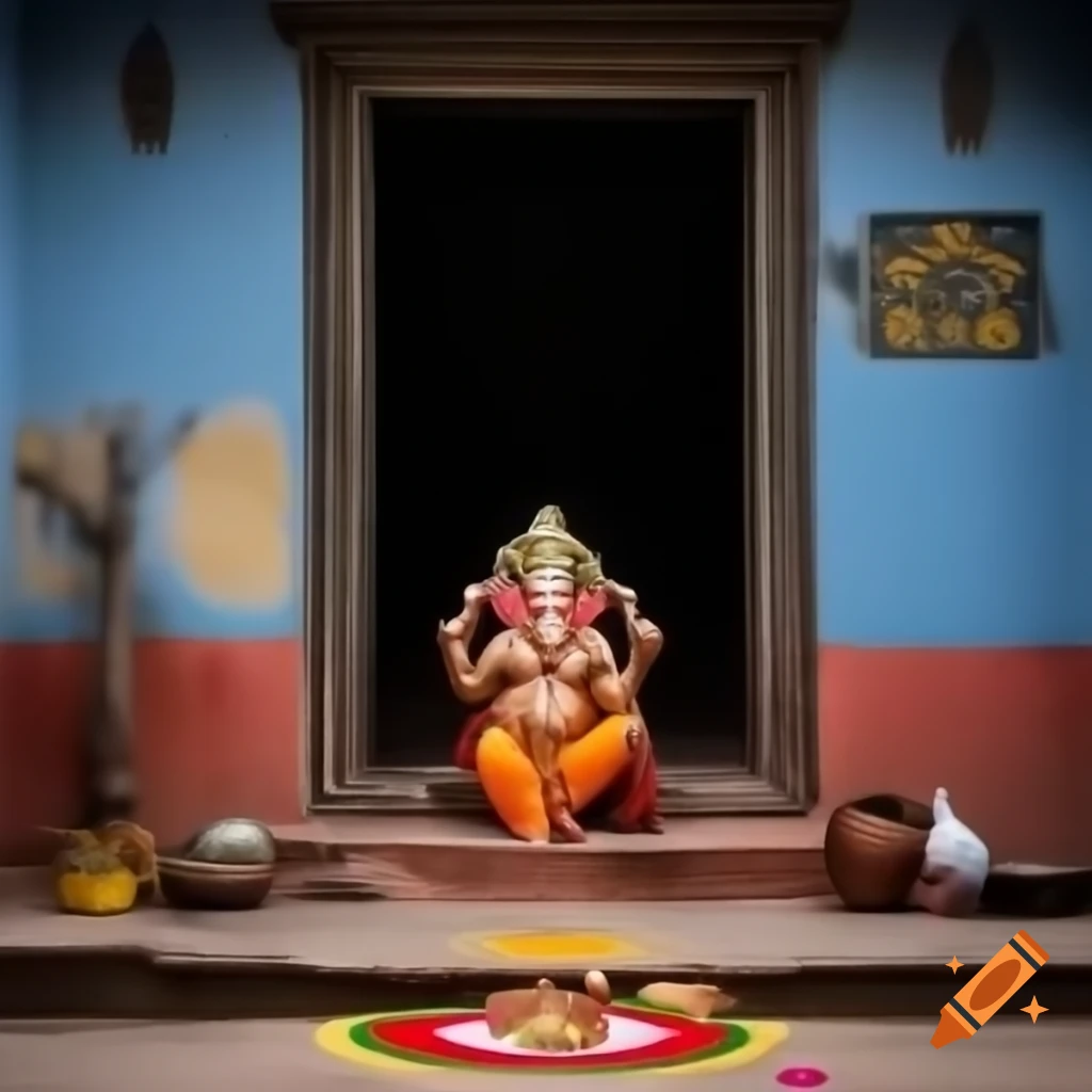 Traditional scene featuring Ganesha statue, traditional attire, and rangoli decor