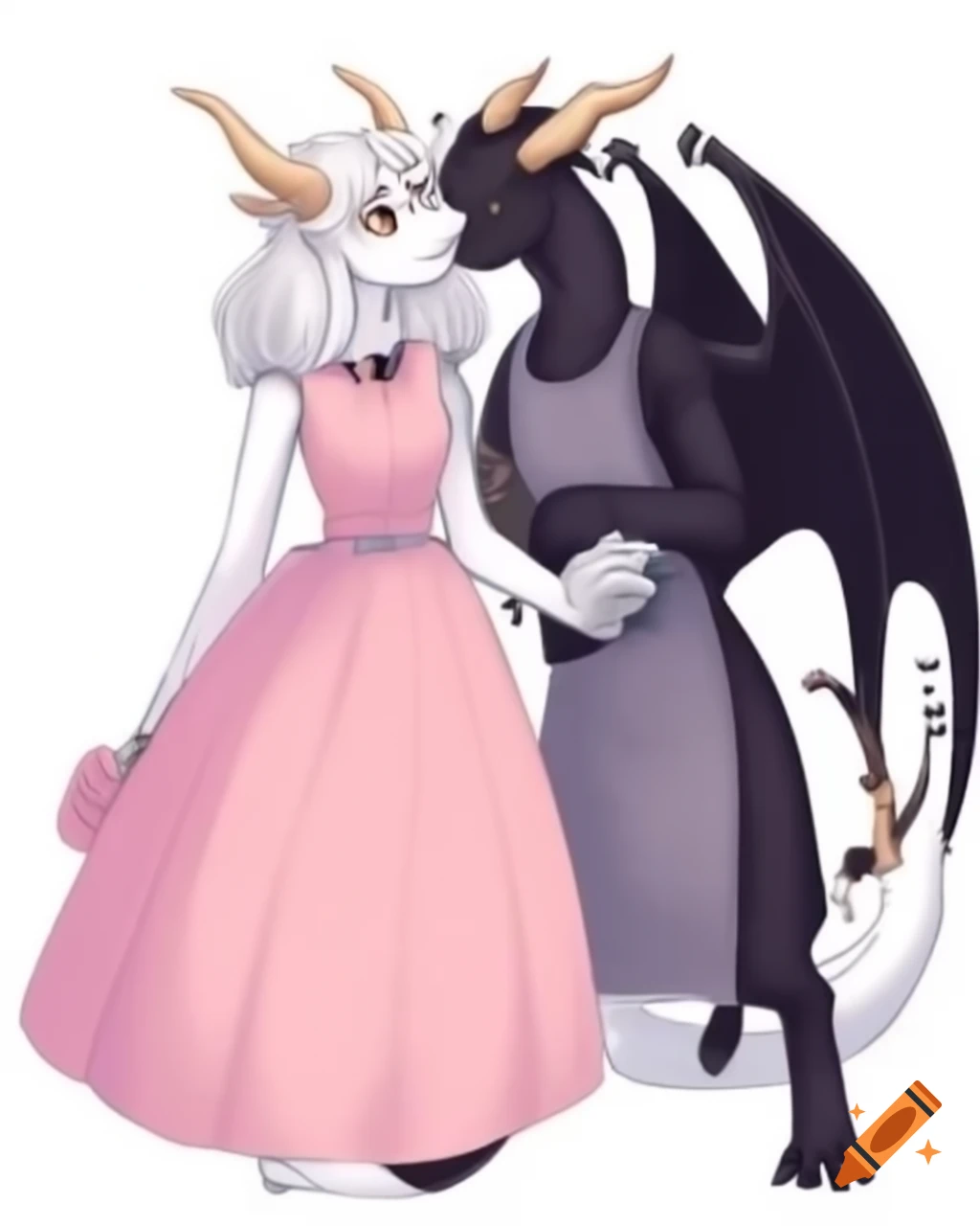 Anthropomorphic white dragoness in pastel pink dress with black dragon in gray apron