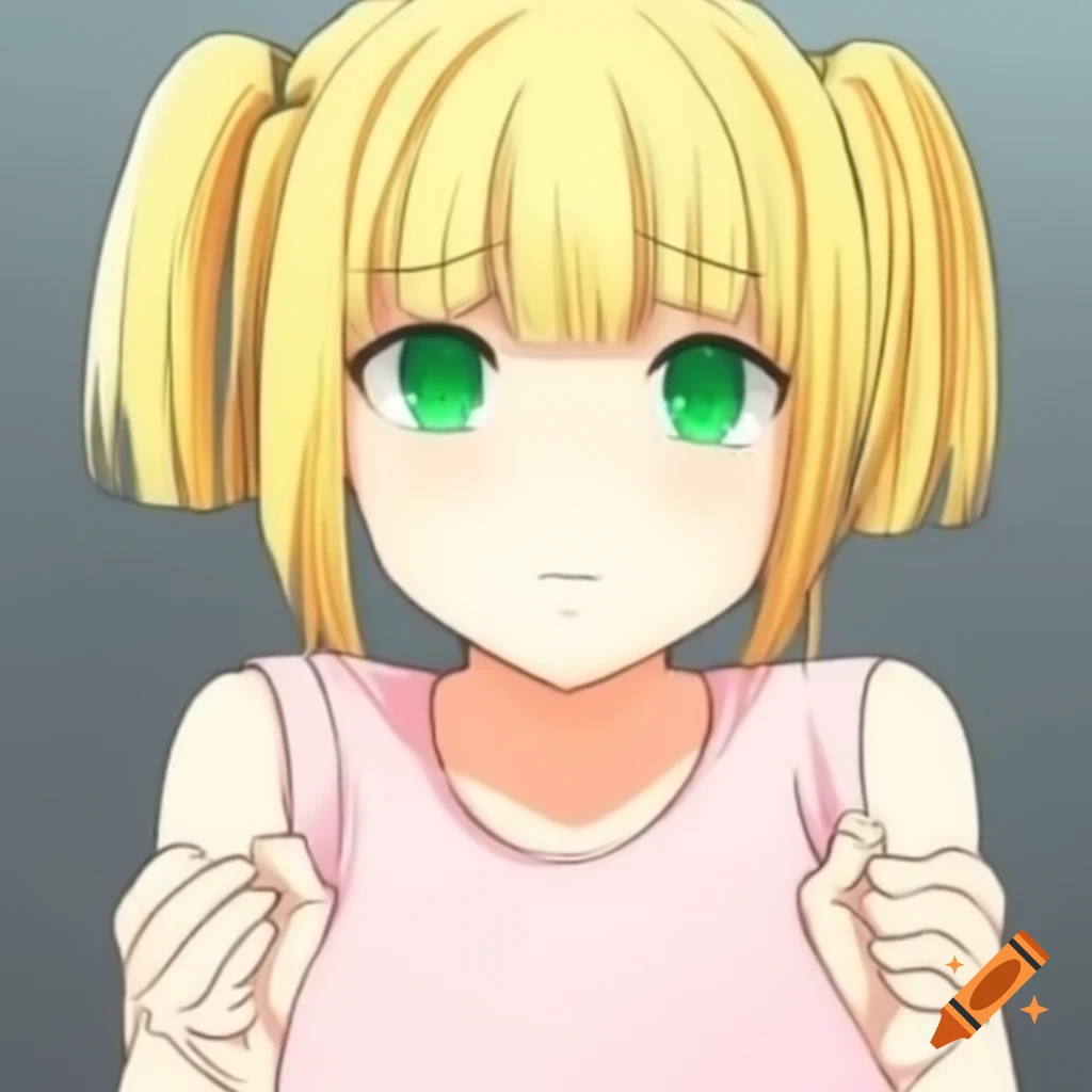 Anime girl with blonde hair and emerald green eyes in a pink sleeveless t-shirt