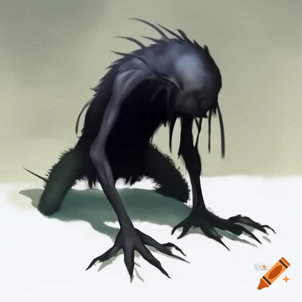 Dark creature with long arms and fingers, watercolor style