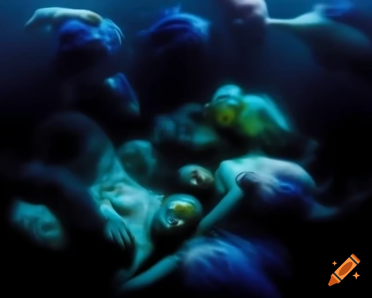 Surreal portrait of humanoid aquatic mutants in chaotic scene
