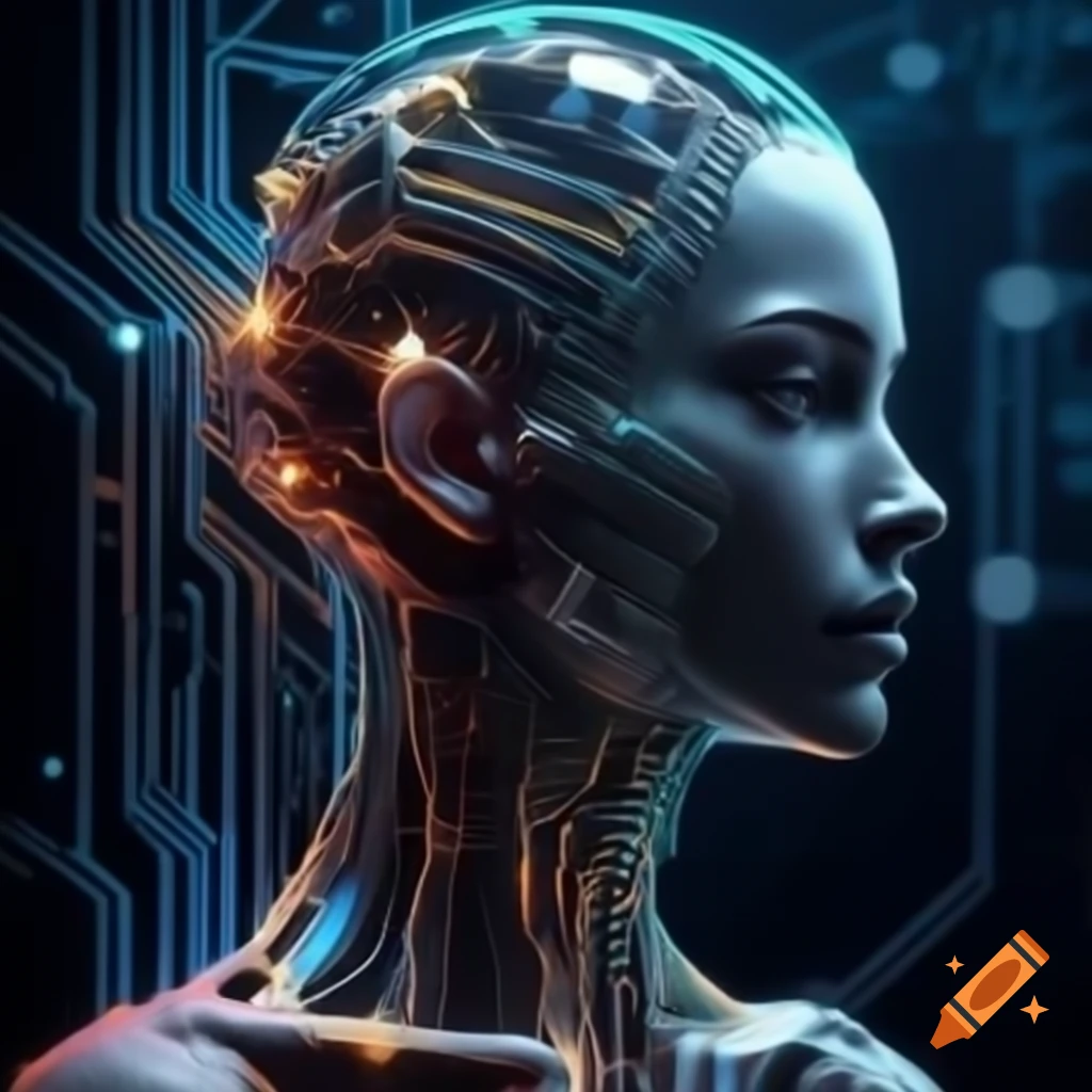 Abstract humanoid figure representing artificial intelligence with circuits and glowing lines