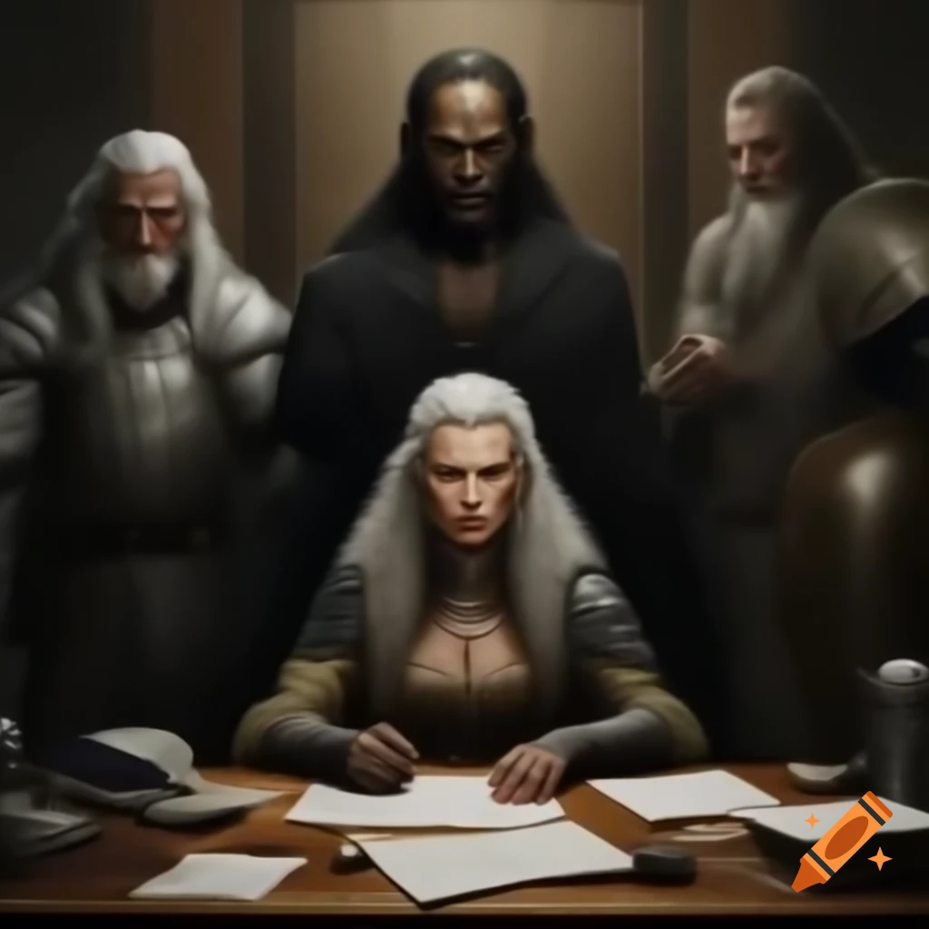 Hyper realistic individuals in meeting room with documents and charts