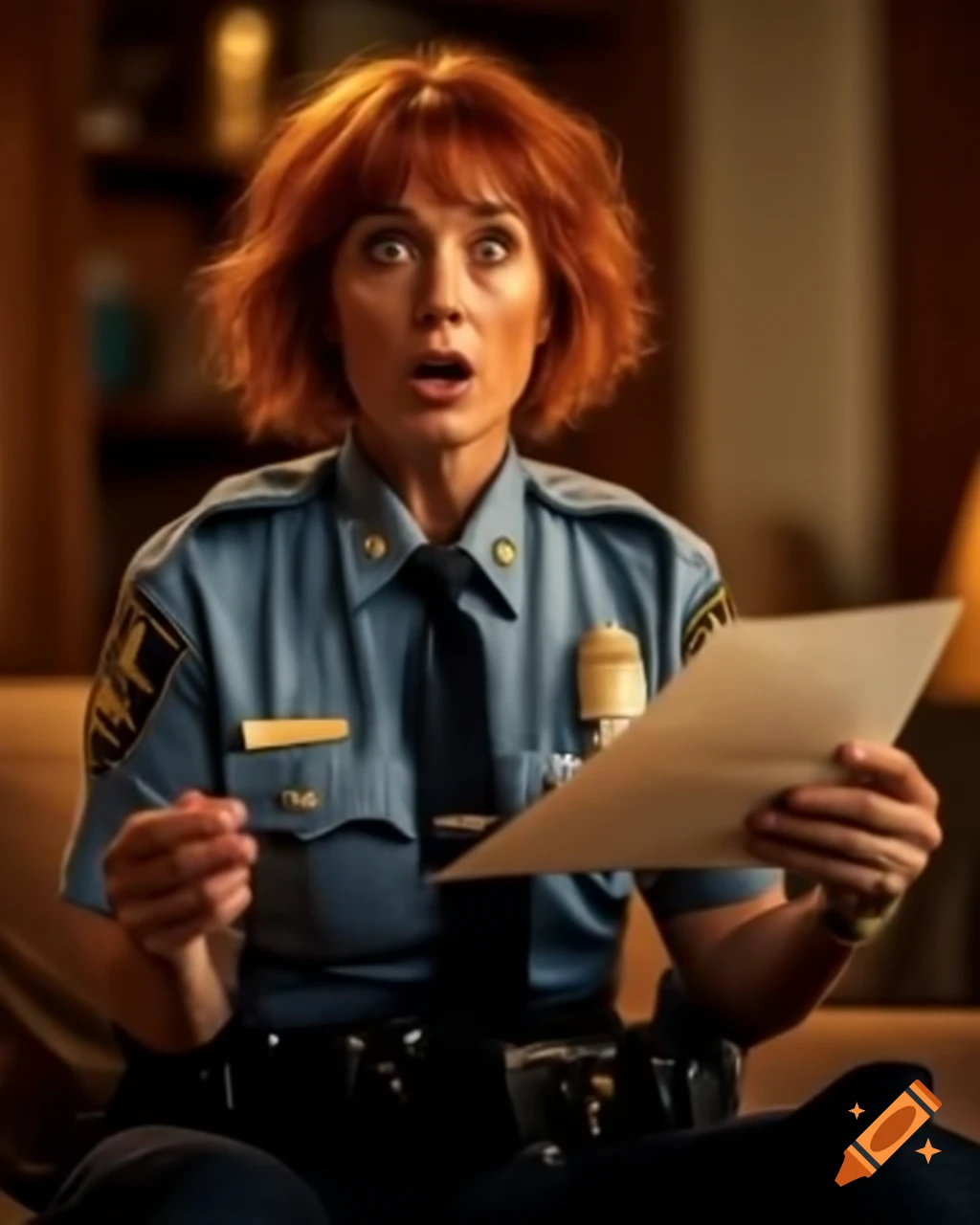 French female police officer taking notes at a crime scene in dusty living room