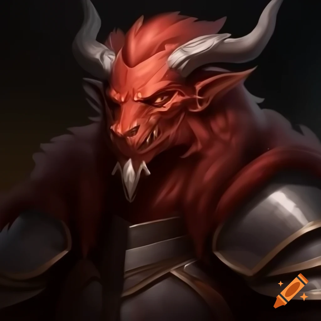 Scaly red dragonborn D&D paladin character with large horns