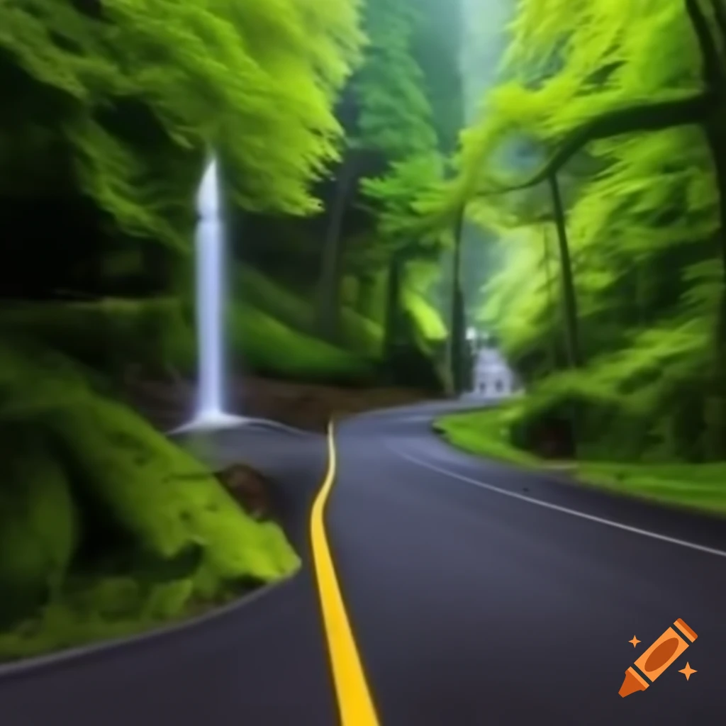 Waterfall flowing onto an asphalt road