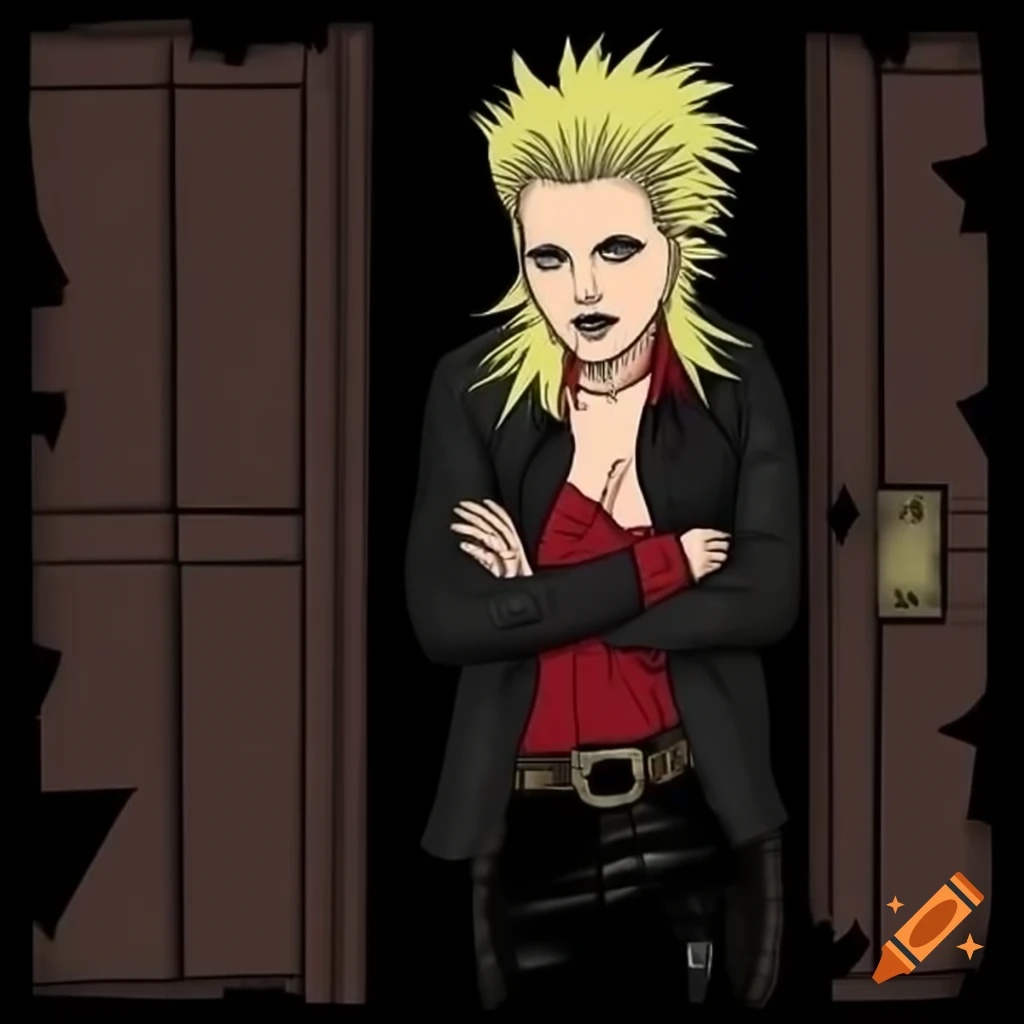 Punk-rocker with mohawk hairstyle and plaid shirt peeking through derelict site