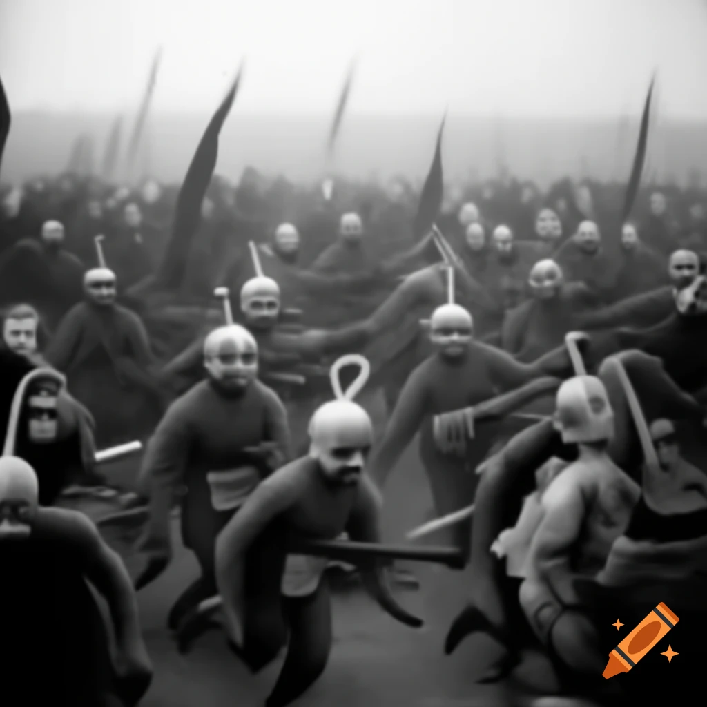 Teletubbies in a playful battlefield scene with Tinky Winky leading a cavalry charge