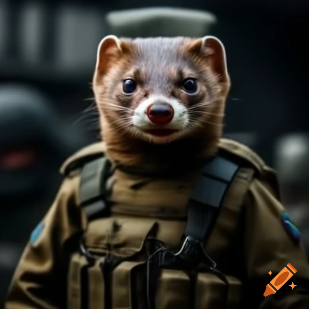 European weasel wearing Ukrainian tactical military uniform with an angry expression