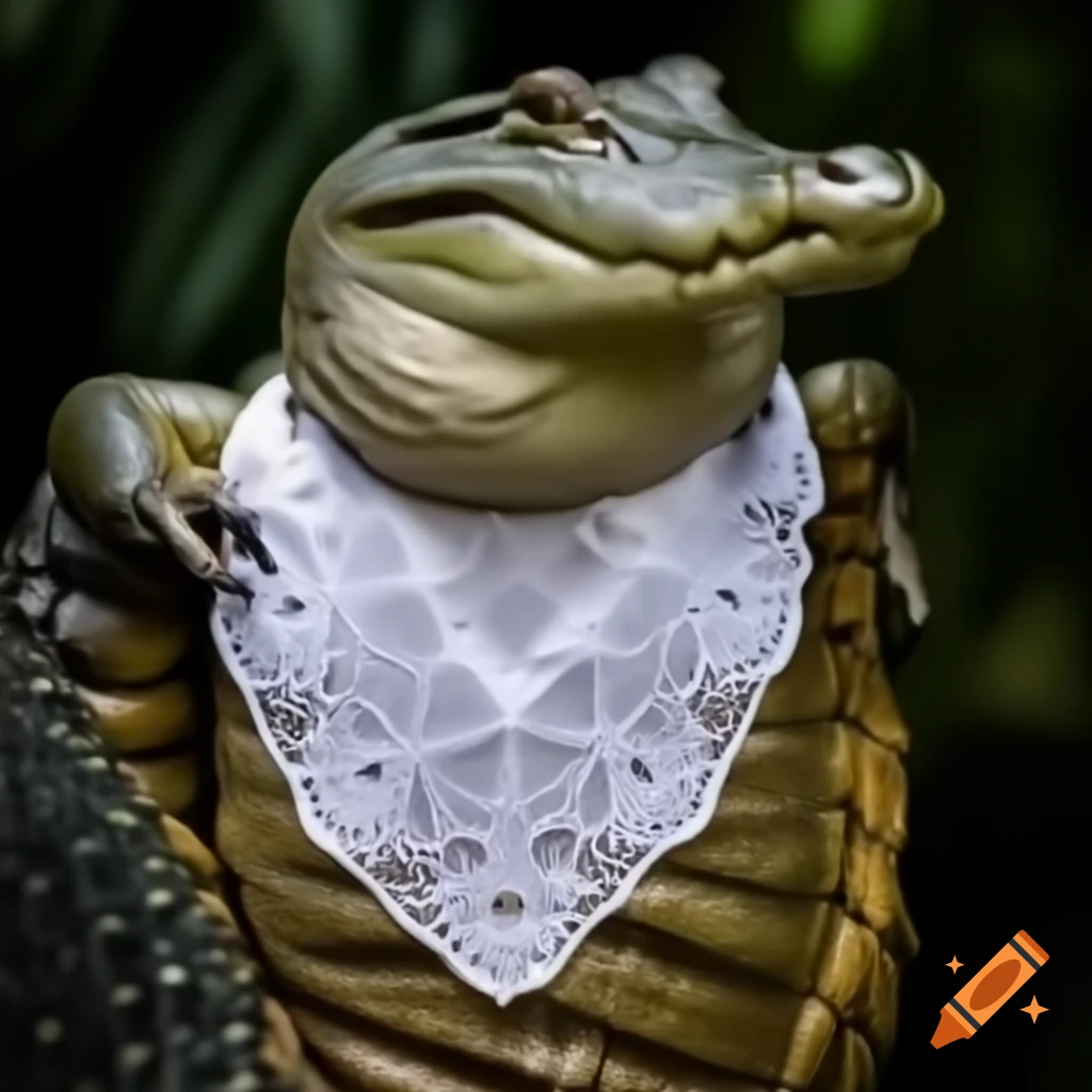 Large dainty doily next to a small crocodile
