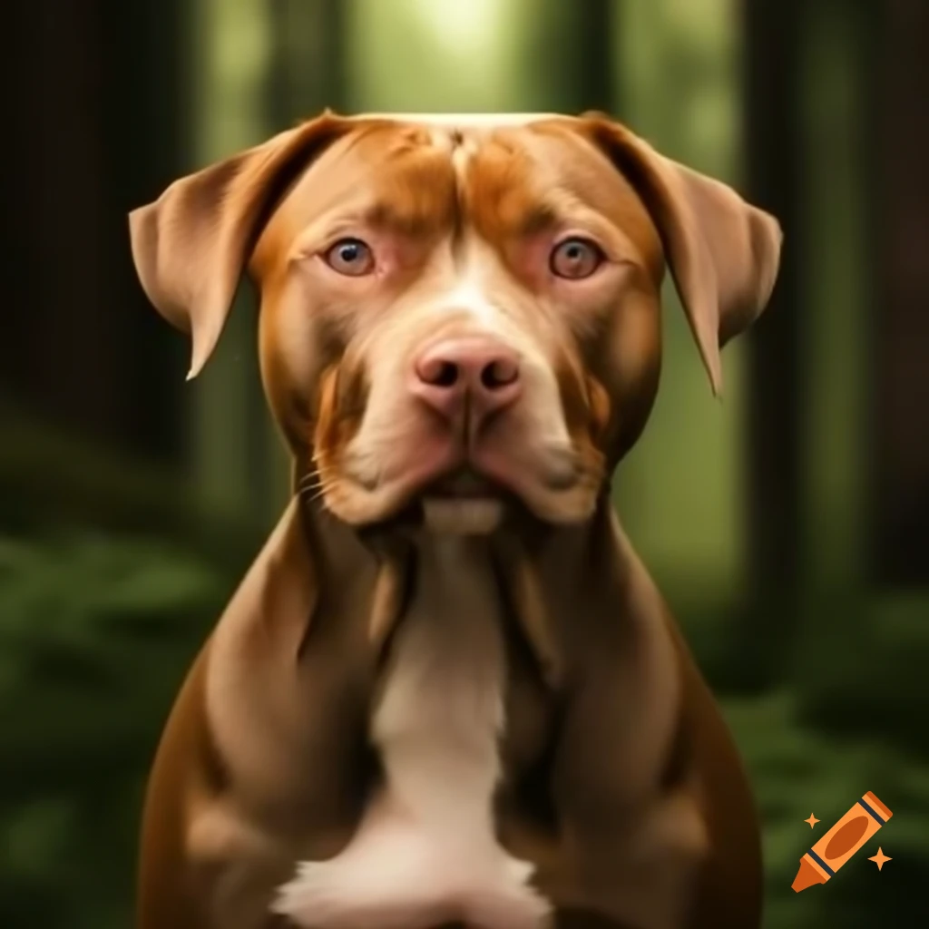 Reddish brown pitbull lab mix dog in forest background
