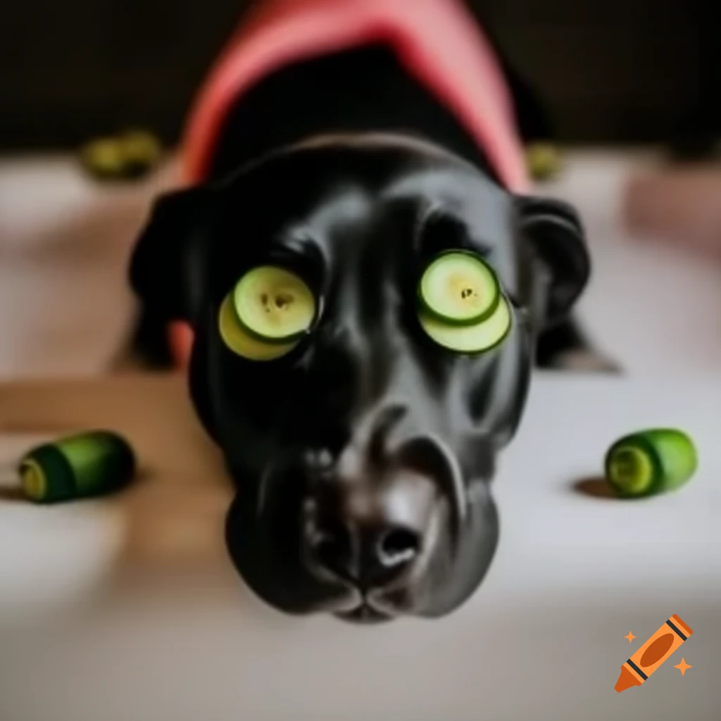 Black dog relaxing in spa with cucumbers on its eyes and towel on head