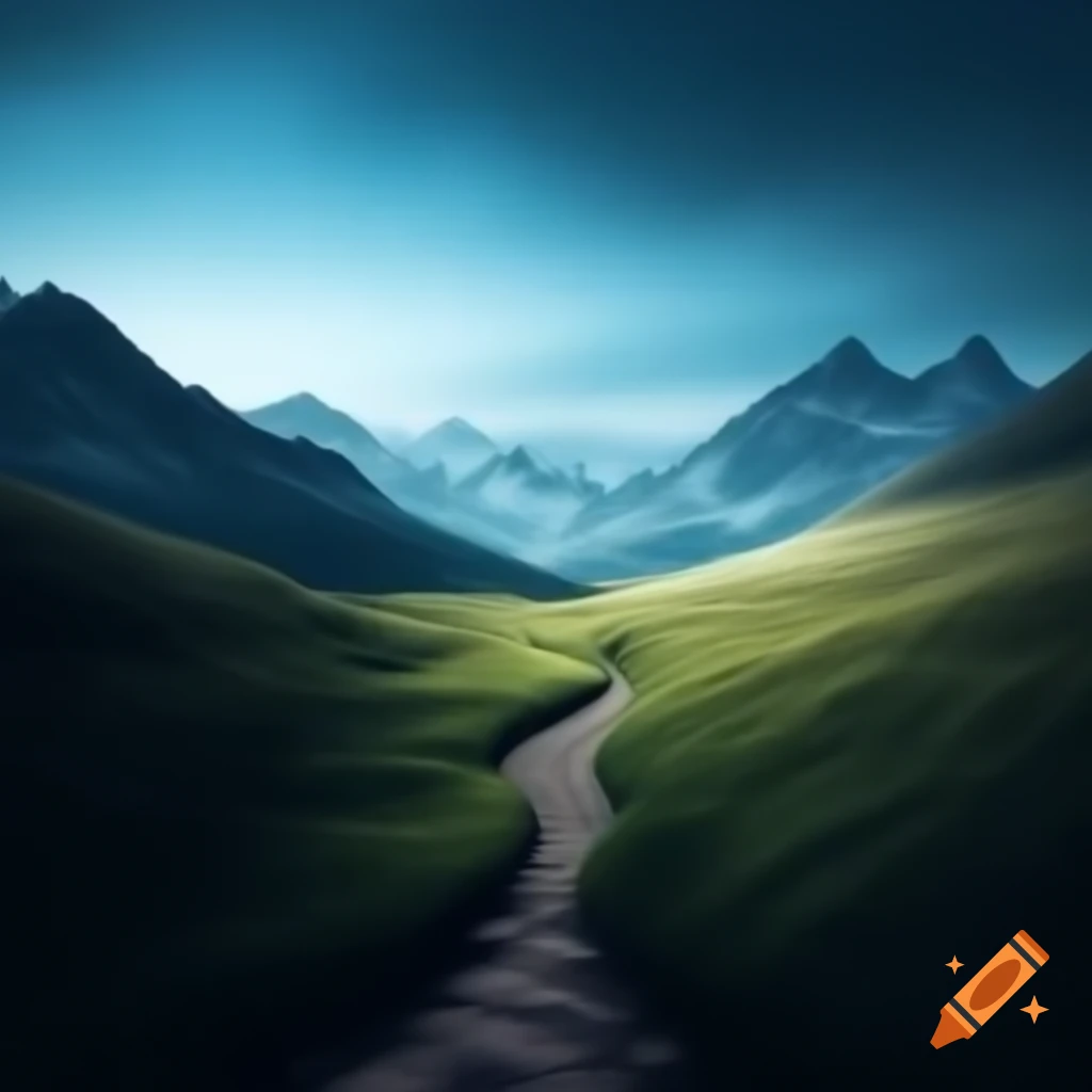 Realistic long path leading to mountains with shadows and blue theme