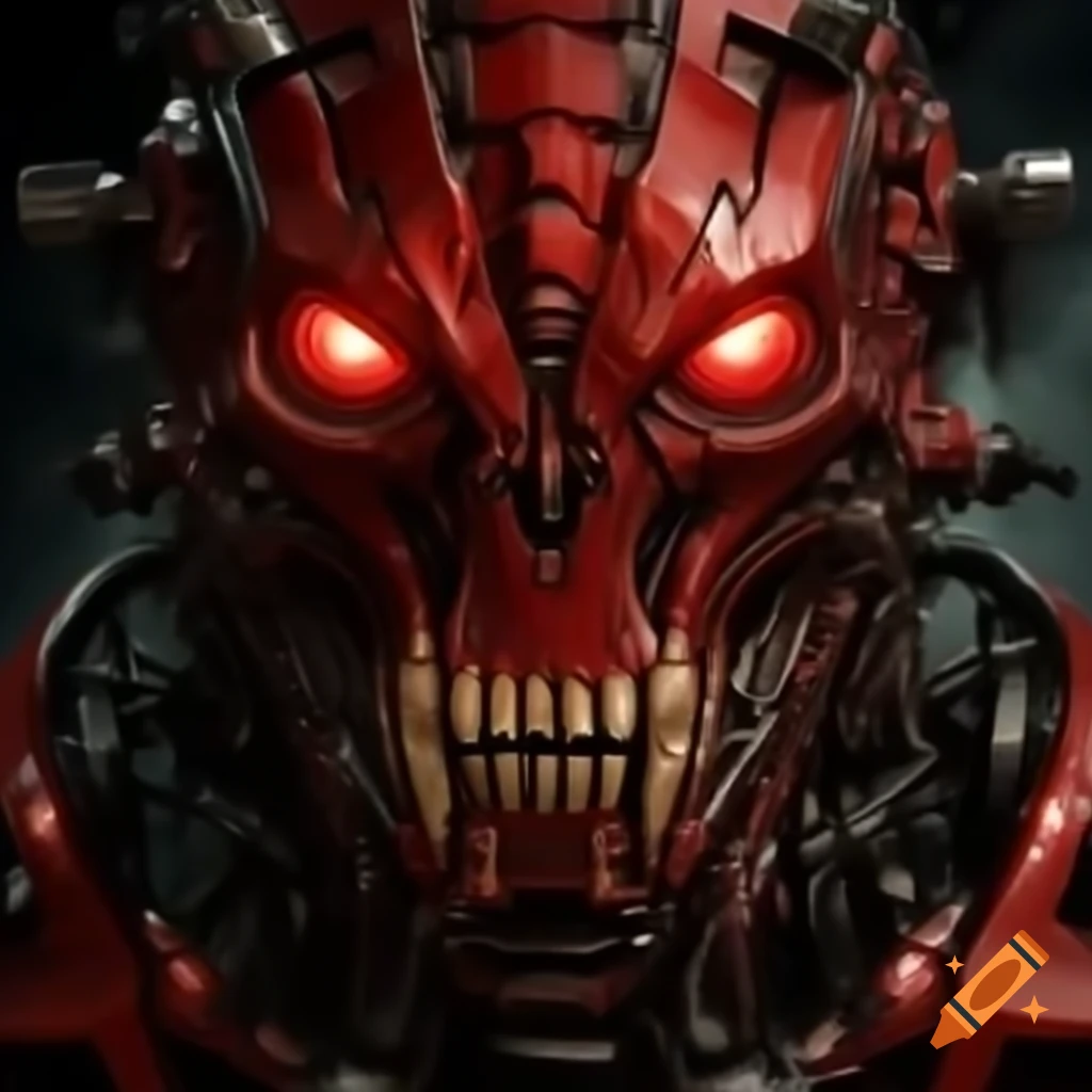 Apocalyptic scene with mechanical elements, red embers, and jagged design