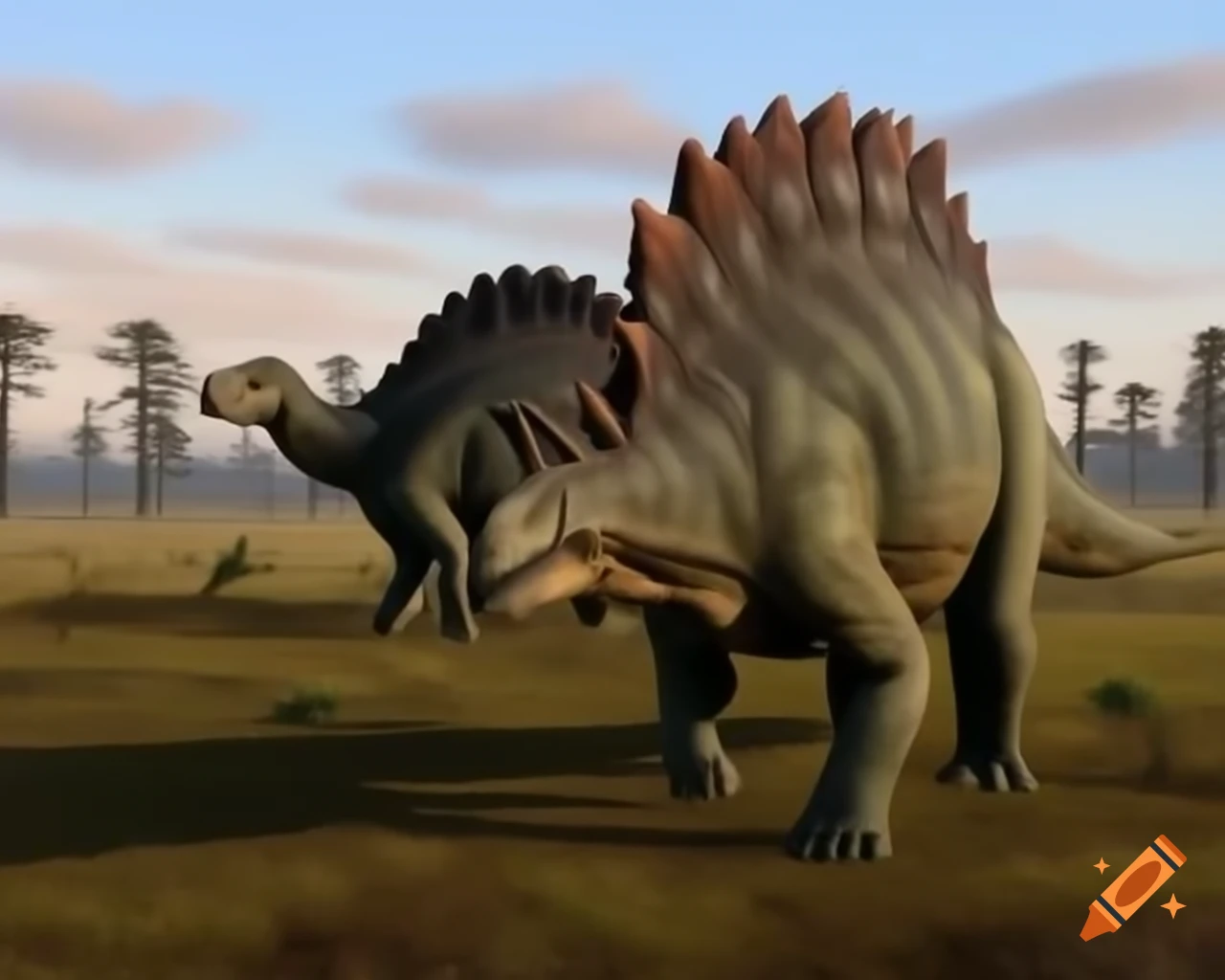 Pair of grey and brown striped Stegosaurus in fern-covered savannah at sunset