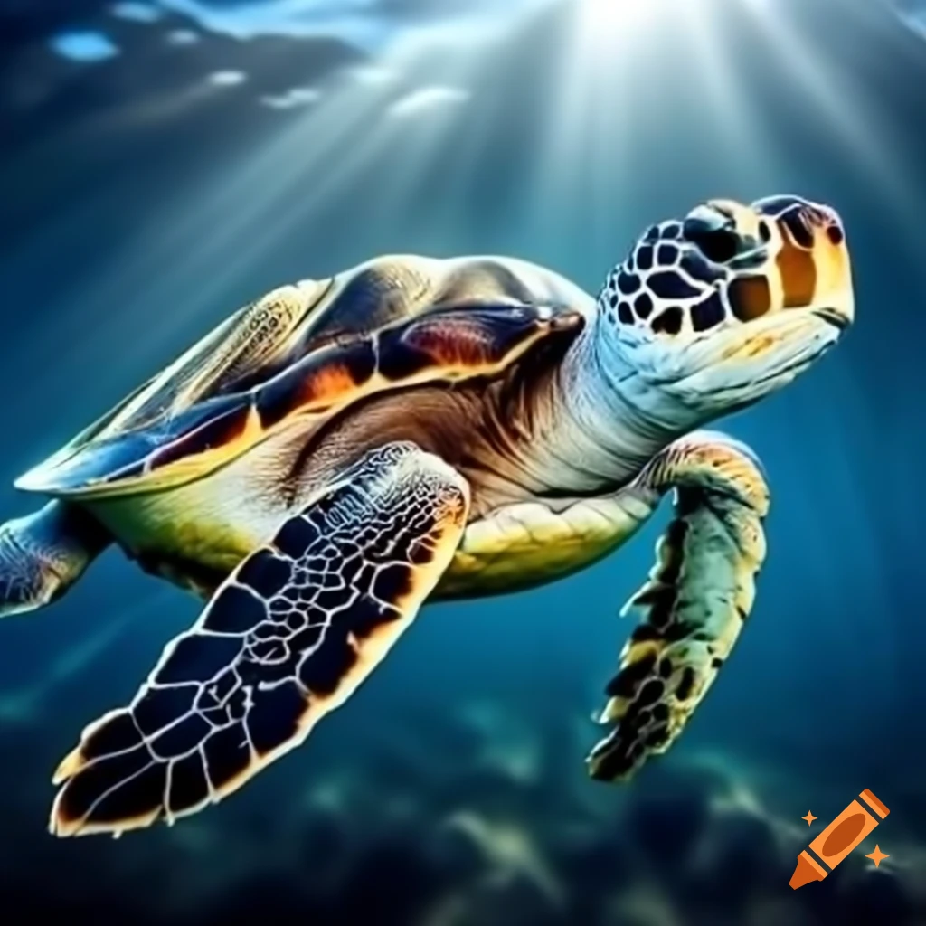 Green sea turtle swimming in warm ocean from above
