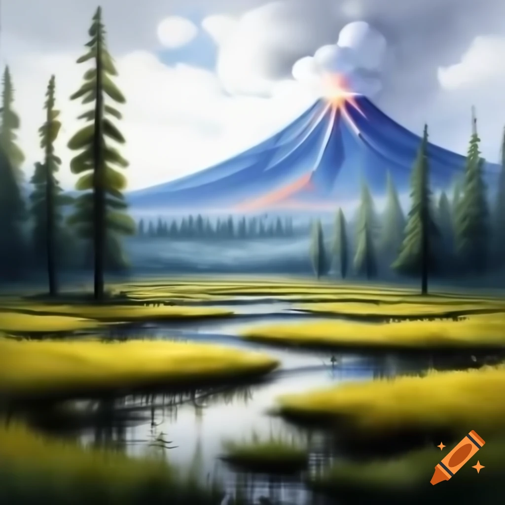 Realistic watercolor of grassy swamp with trees and volcano in background