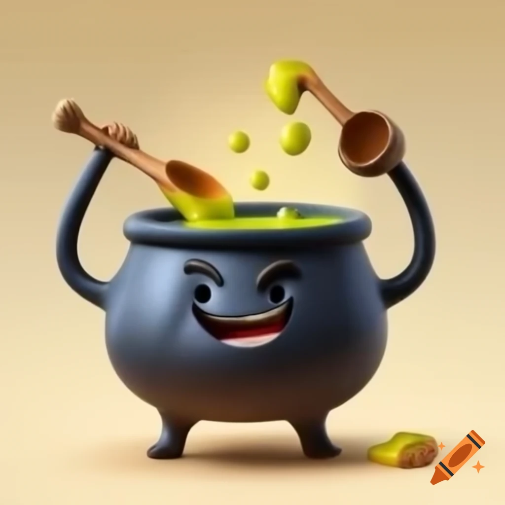 Happy character cauldron stirring, whimsical design