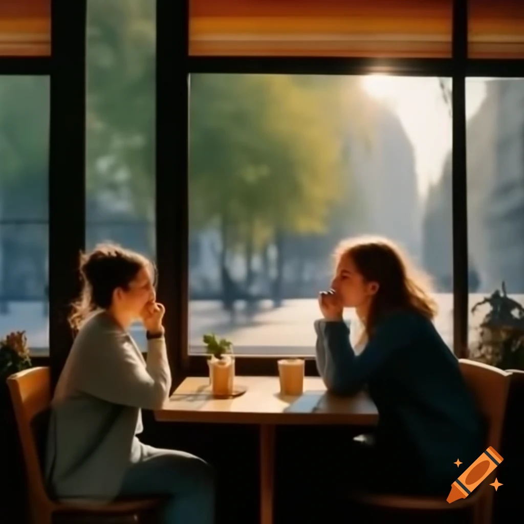 Two best friends laughing in cozy café with sunlight illuminating their faces