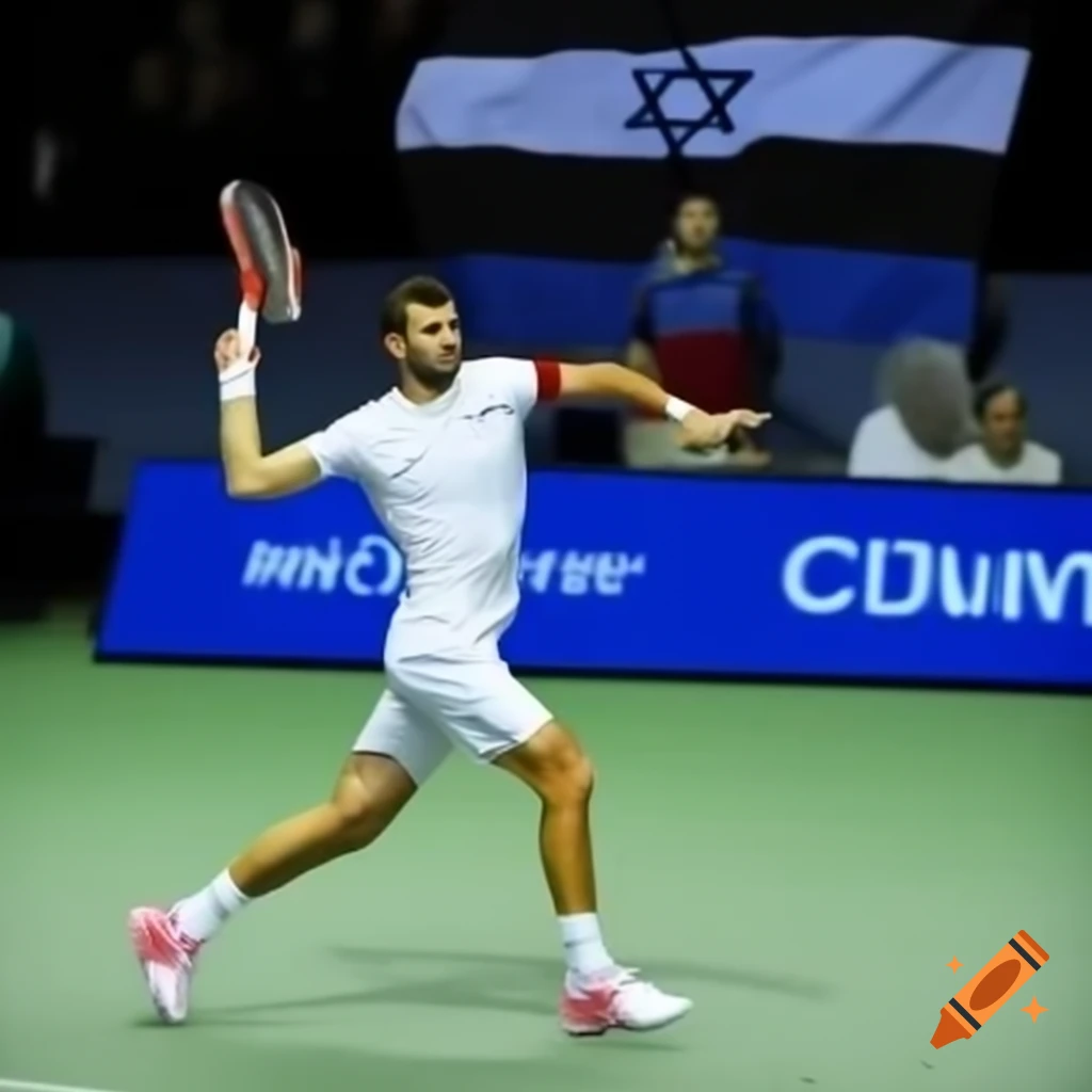 Grigor Dimitrov playing tennis with Israeli flag in background
