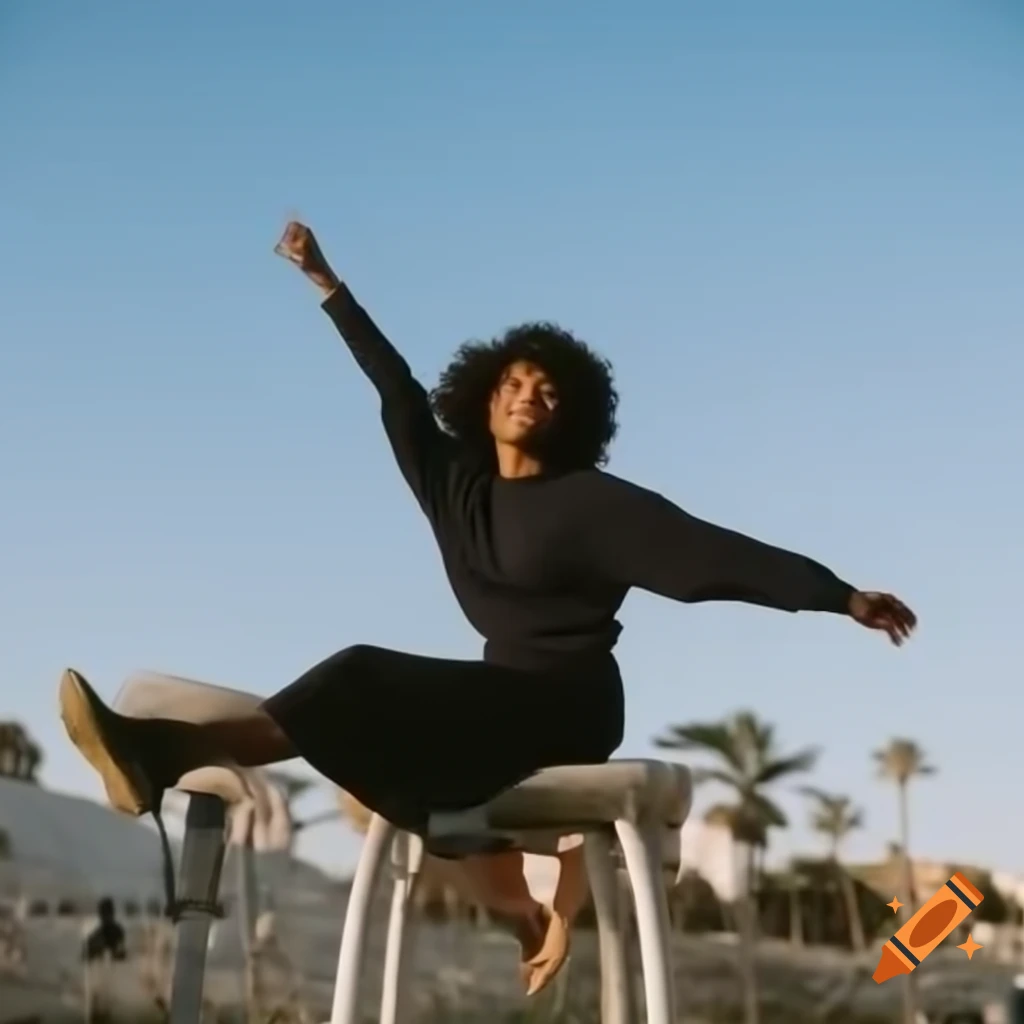 Happy black woman sitting on park bench making victory sign on a beautiful blue sky day
