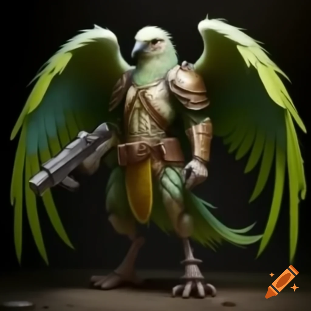 Human-bird hybrid with wings, green and yellow colors, light armor, and weapon