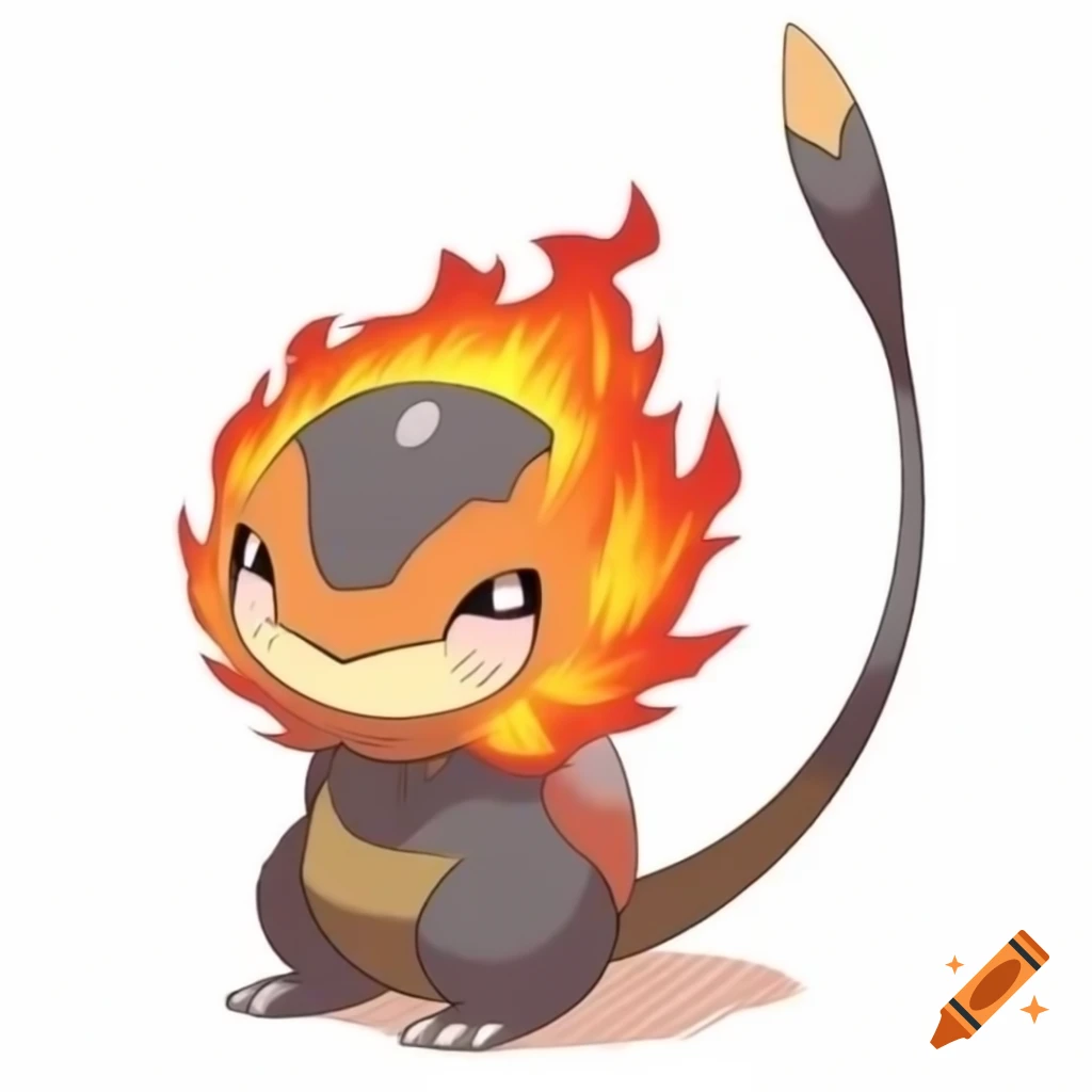 Fire and steel Pokémon with cute face and long whiplike tail