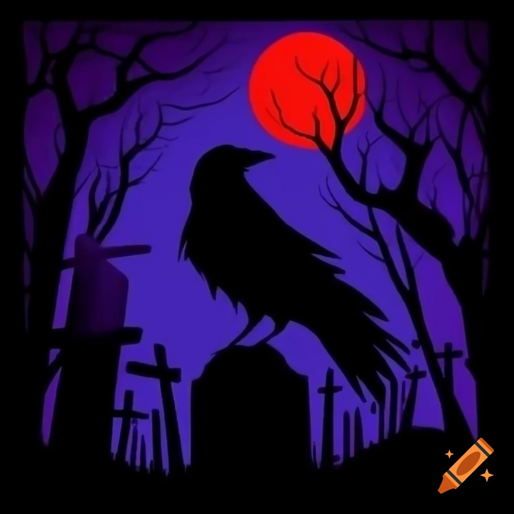 Crow in eerie cemetery with red moon