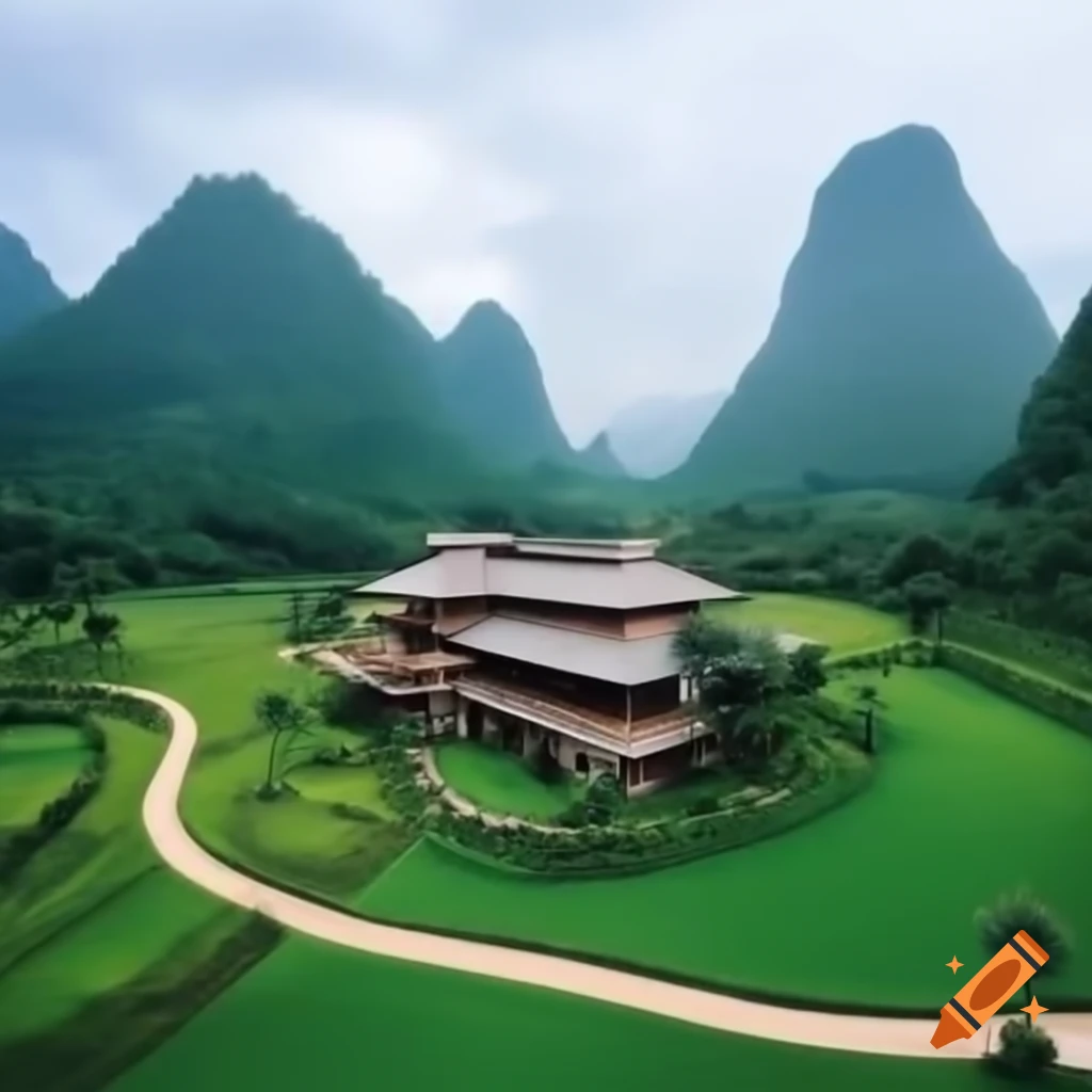 Traditional countryside house with mountains and water in the background