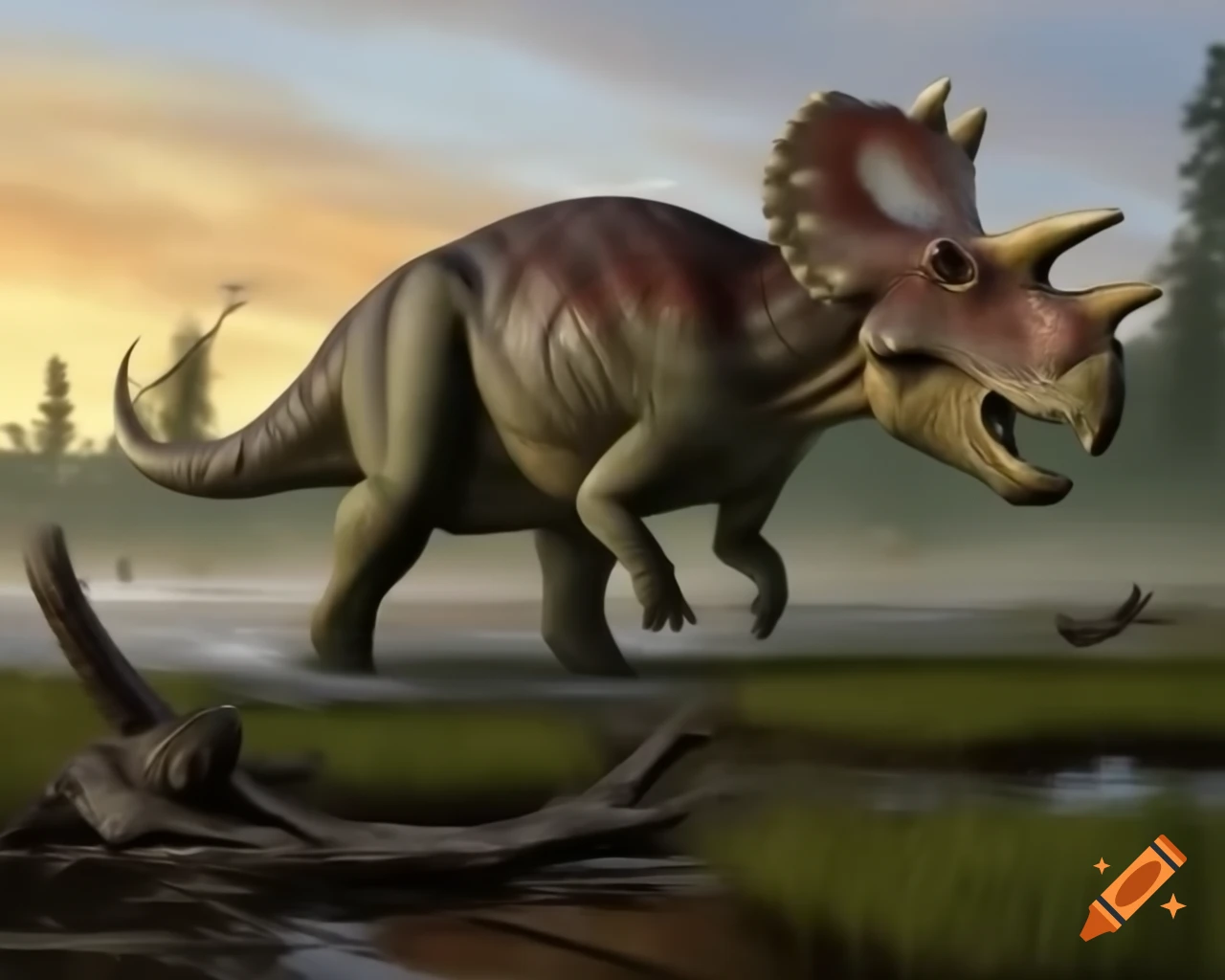 Group of protoceratops crossing marsh with driftwood in British Columbia during golden hour