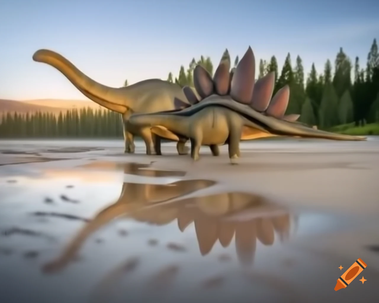 Two Stegosaurus in foreground with Diplodocus moving toward forest on sandy beach