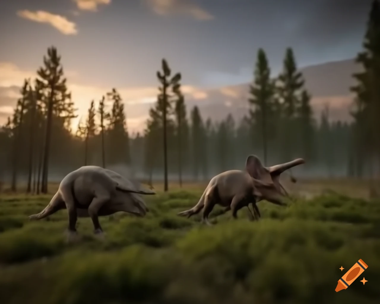 Herd of protoceratops crossing shrubland in British Columbia during golden hour