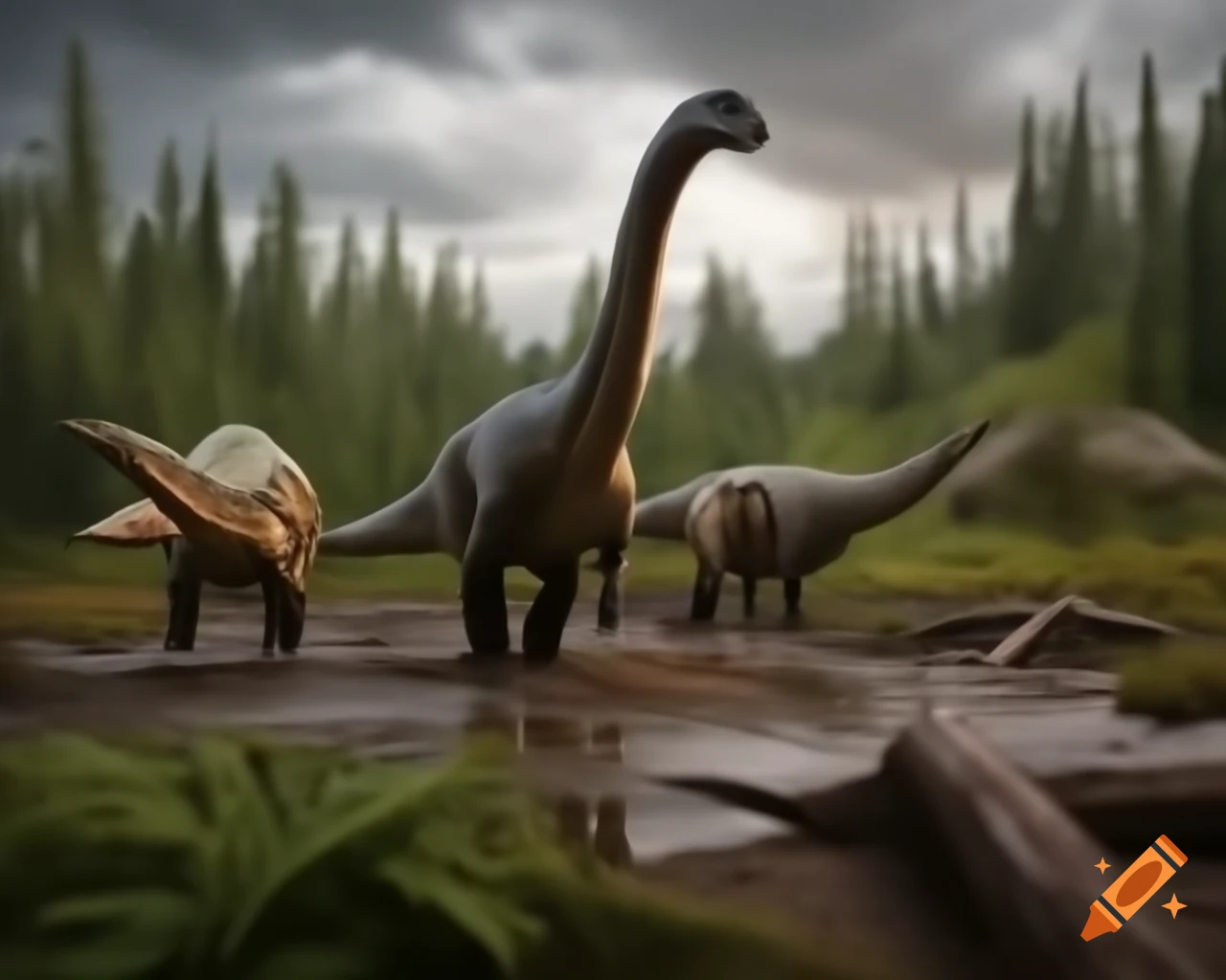 Striped Hadrosaurus roaming by stream in mudflat with ferns and driftwood