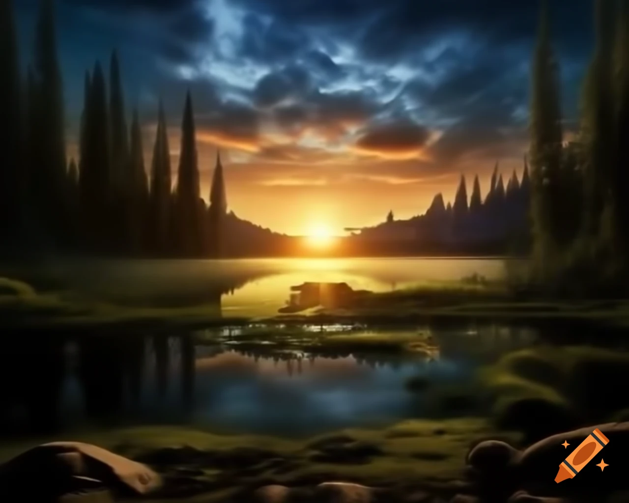 Photorealistic landscape of mountain lake with island and lemon monster sculpture