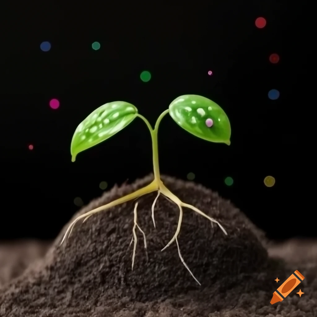 Plant with colorful dots on leaves, stem, and roots against dark background