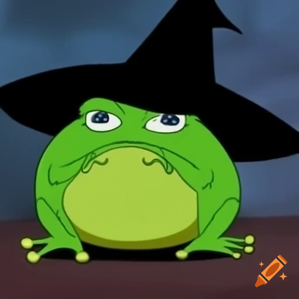 Frog in witch hat with a mischievous expression