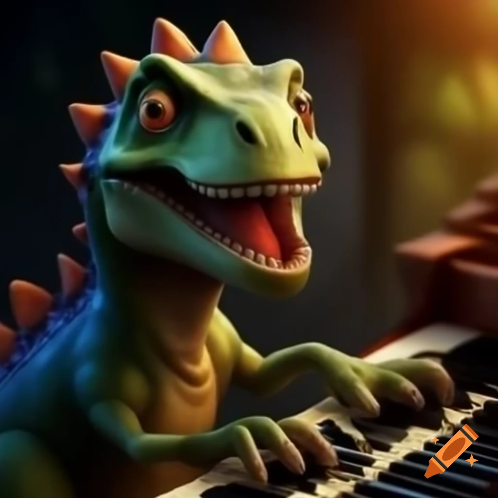 Dinosaur playing piano in a whimsical setting