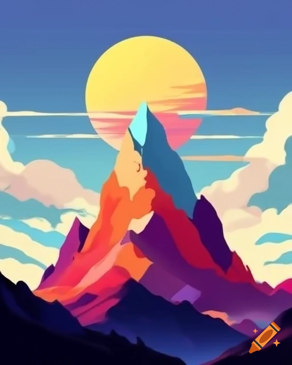 Colorful stylized mountain contrasting with sky or sun