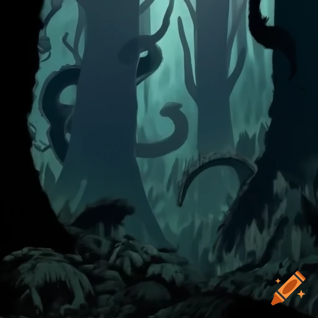 Dense dark forest with lurking creatures, lineart style
