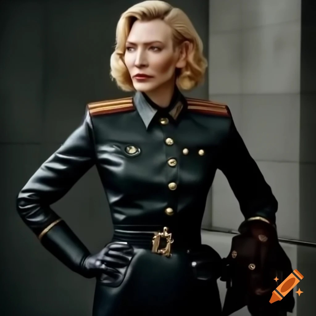 Cate Blanchett in grey leather Soviet uniform with gold buttons and gloves