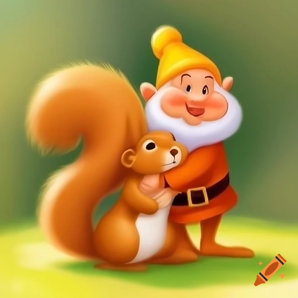 Cartoon dwarf cuddling a cute squirrel