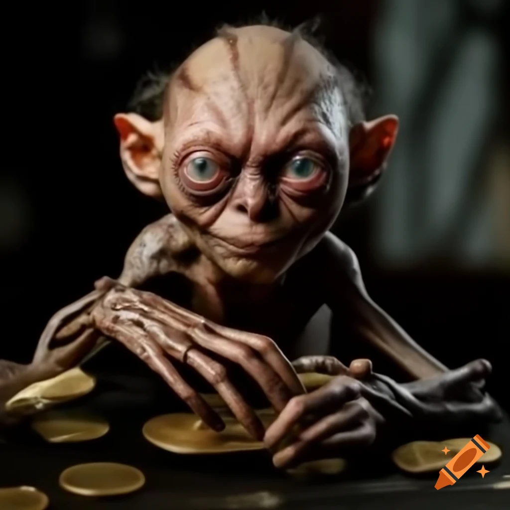 Gollum from Lord of the Rings holding gold coins