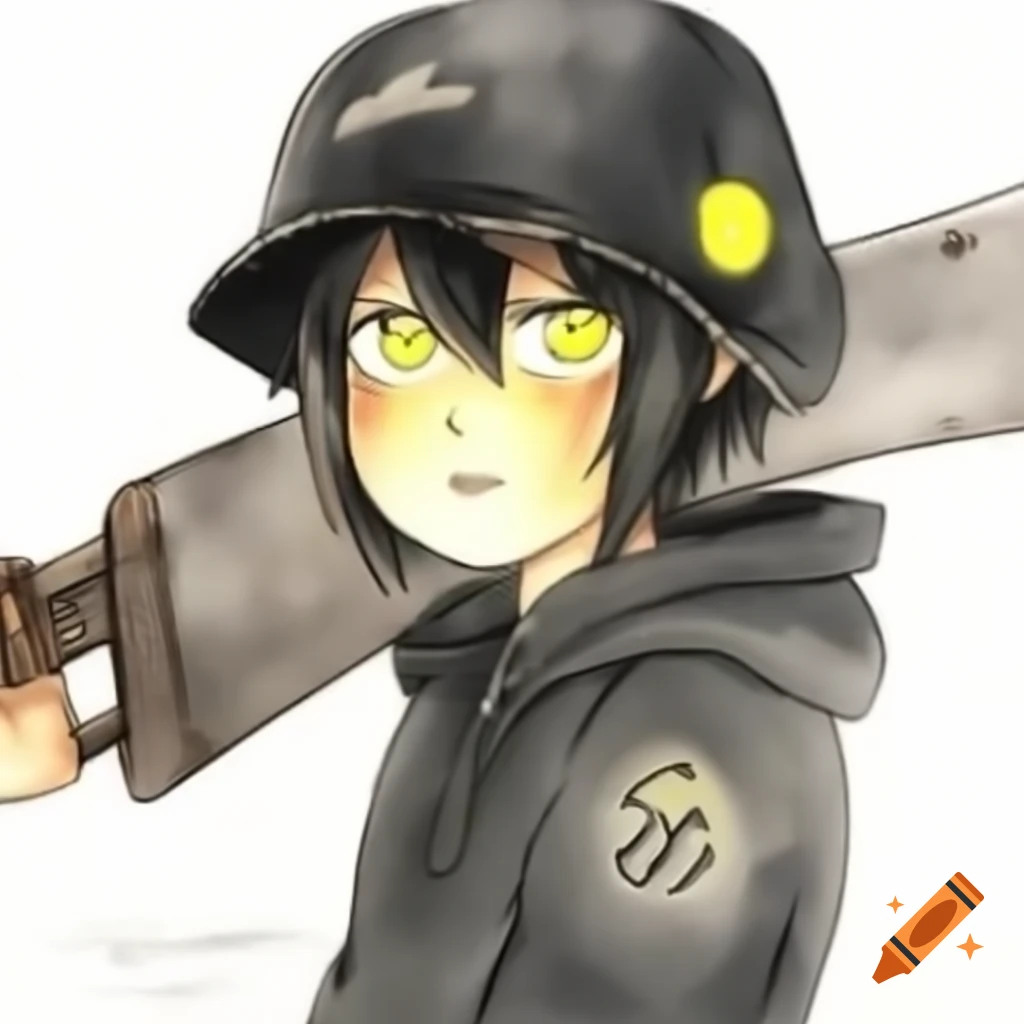 Older anime character Niko with black headband and glowing gang symbol, holding rusty machete, bored expression